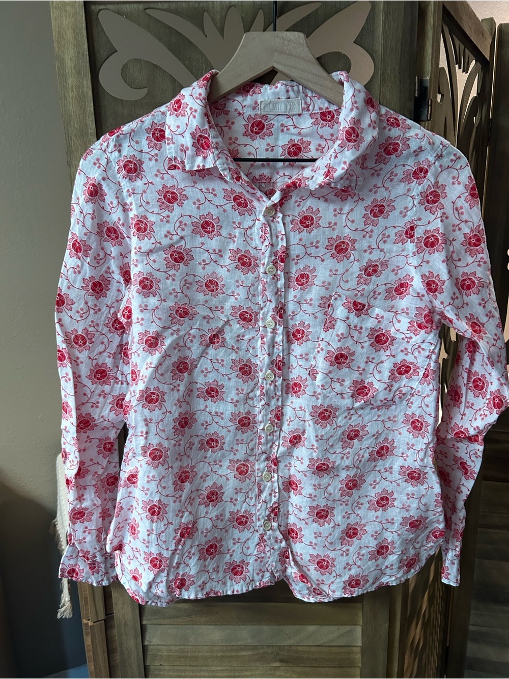 CP Shades White With Red Floral Print Button Down Long Sleeve Top 100% Linen